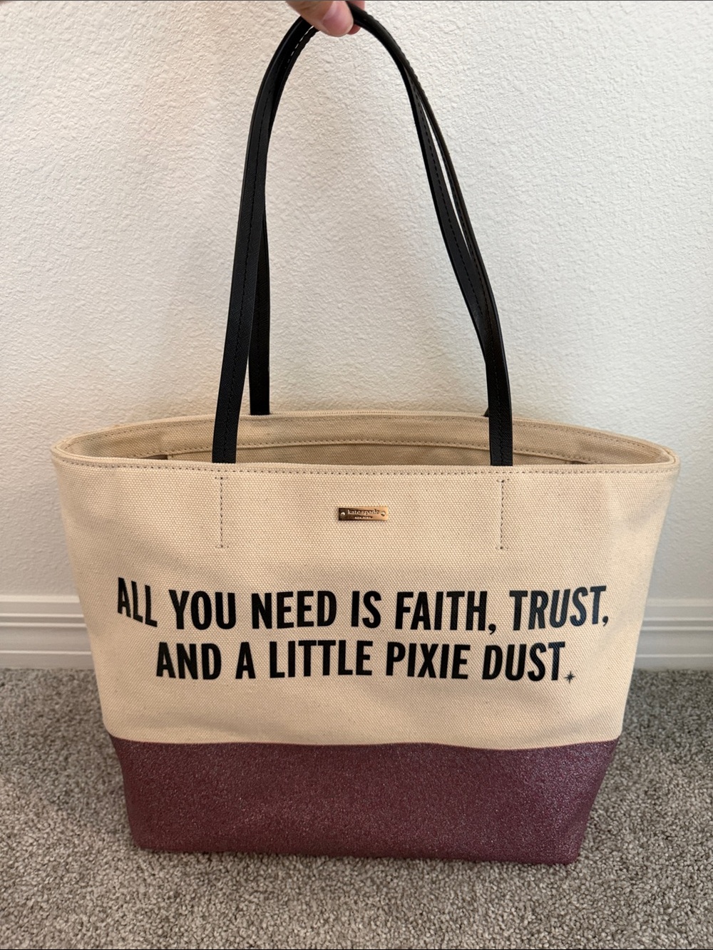 Kate Spade x Disney Tote Bag with Pink Glitter Base and Black Handles